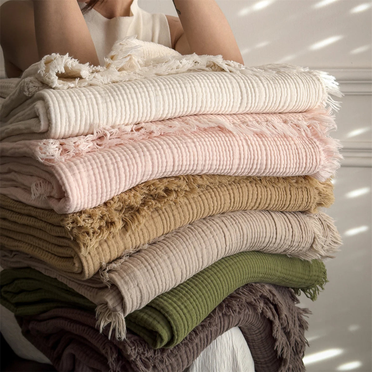Plaid NAYA Beige – 100 % Coton 4 Épaisseurs à Franges
