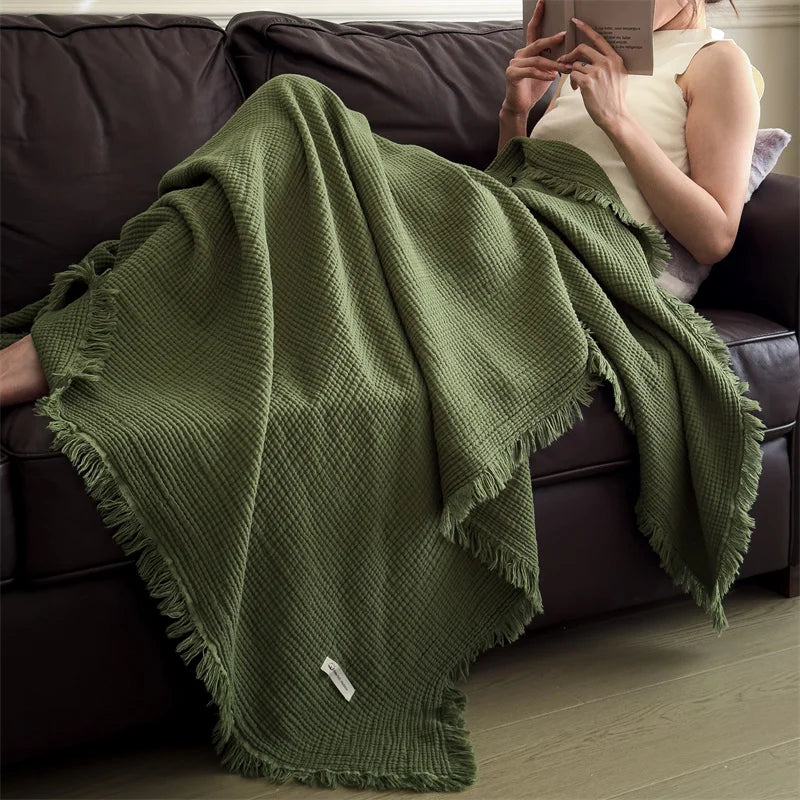 Plaid NAYA Bleu – 100 % Coton 4 Épaisseurs à Franges