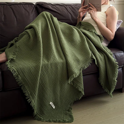 Plaid NAYA Bleu – 100 % Coton 4 Épaisseurs à Franges