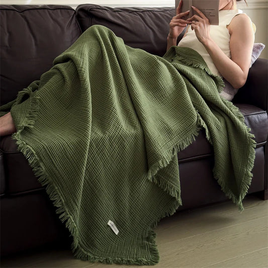 Plaid NAYA Vert – 100 % Coton 4 Épaisseurs à Franges