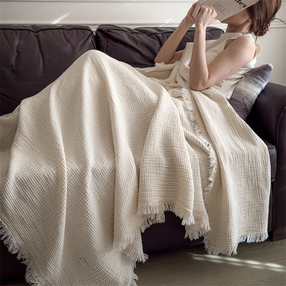 Plaid NAYA Bleu – 100 % Coton 4 Épaisseurs à Franges
