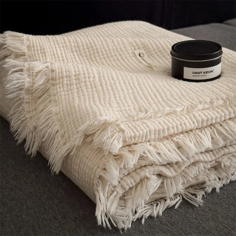 Plaid NAYA Rose – 100 % Coton 4 Épaisseurs à Franges