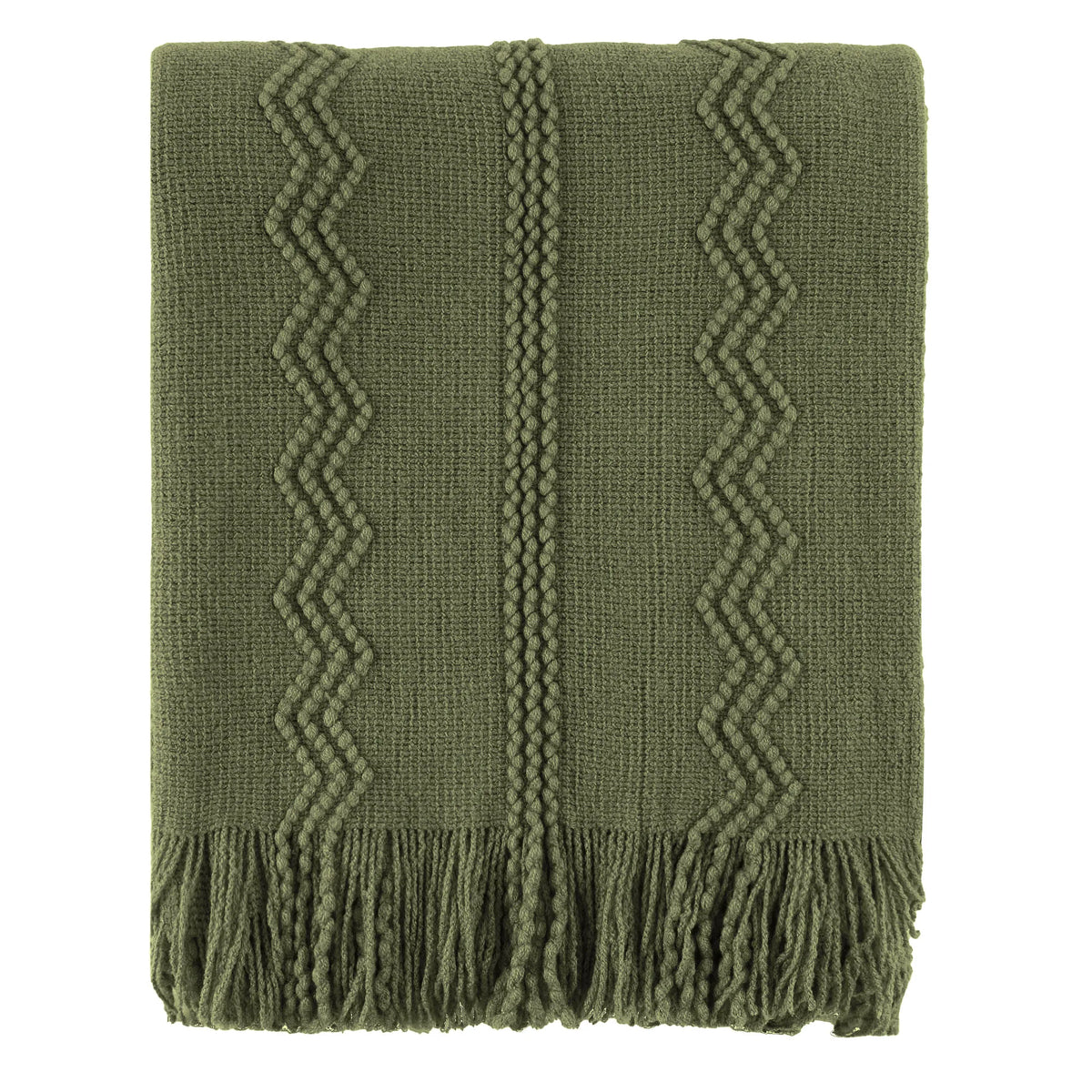 Plaid VELEN Vert – Tricoté à Motifs en Relief & Franges