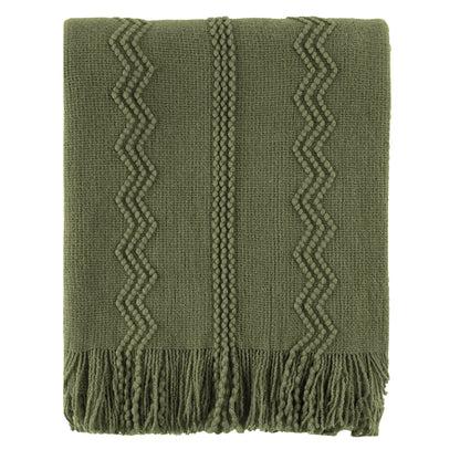 Plaid VELEN Vert – Tricoté à Motifs en Relief & Franges