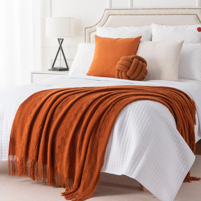 Plaid VELEN Terracotta – Tricoté à Motifs en Relief & Franges