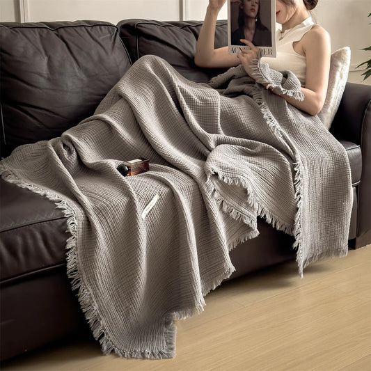 Plaid NAYA Gris – 100 % Coton 4 Épaisseurs à Franges