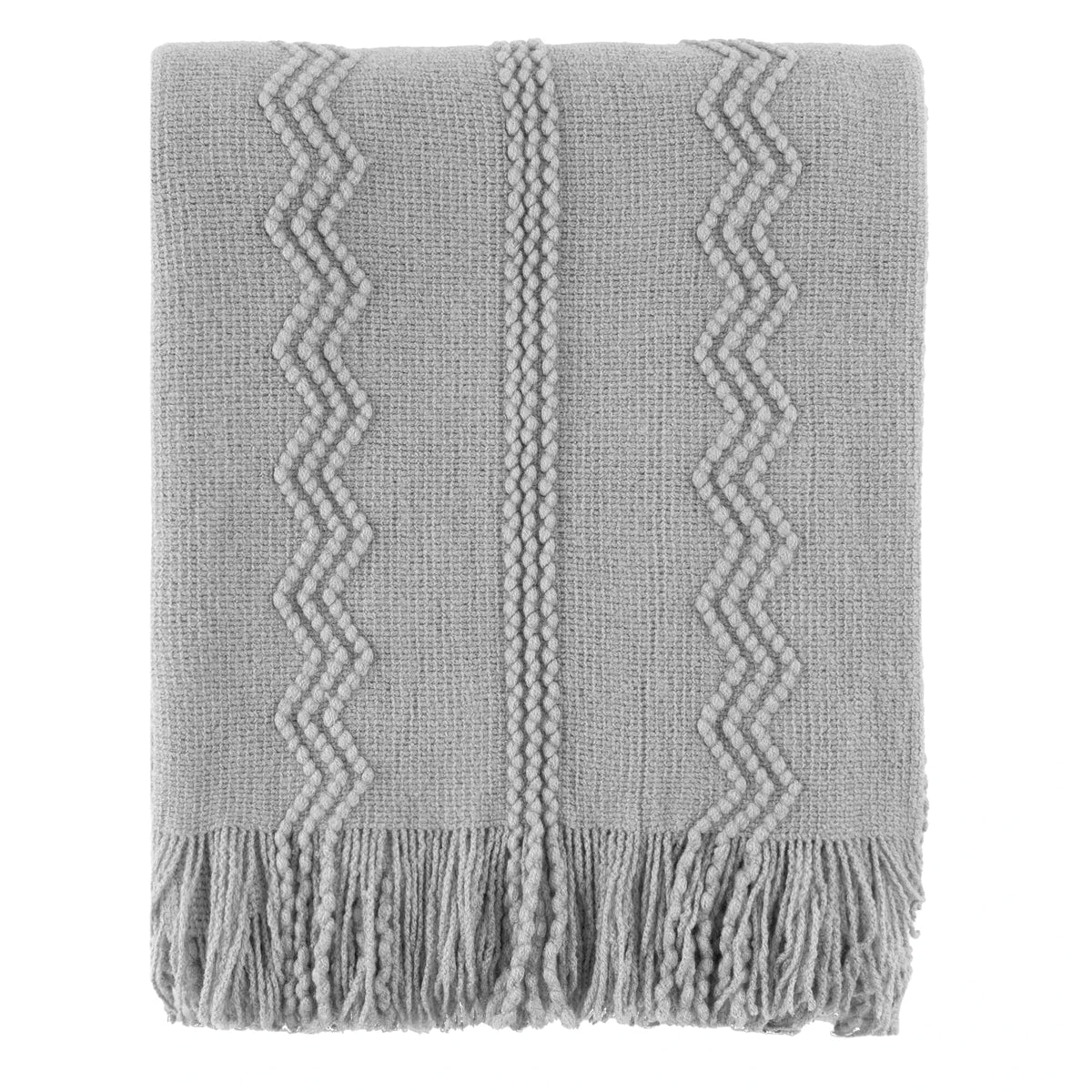 Plaid VELEN Gris – Tricoté à Motifs en Relief & Franges
