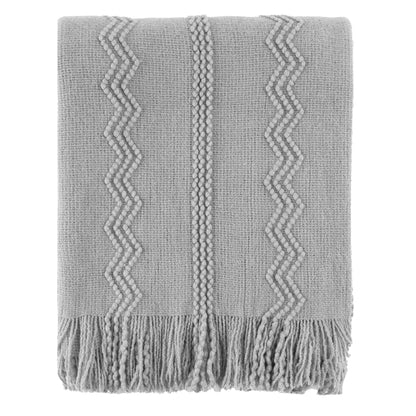 Plaid VELEN Gris – Tricoté à Motifs en Relief & Franges