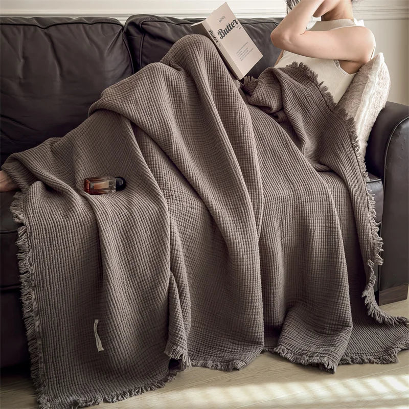 Plaid NAYA Cacao – 100 % Coton 4 Épaisseurs à Franges