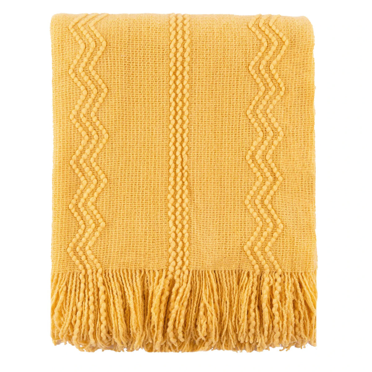 Plaid VELEN Jaune – Tricoté à Motifs en Relief & Franges