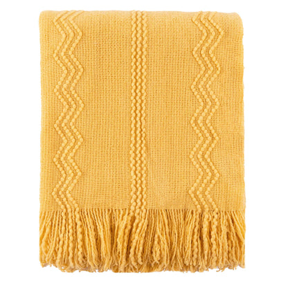 Plaid VELEN Jaune – Tricoté à Motifs en Relief & Franges