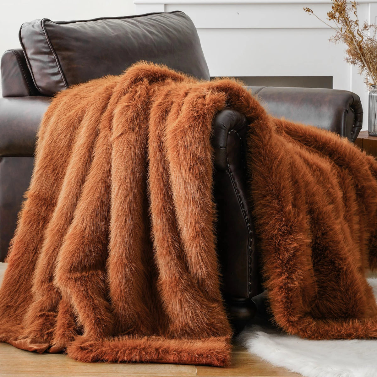 Plaid ALBA Terracotta – Fausse Fourrure Douce à Poils Longs