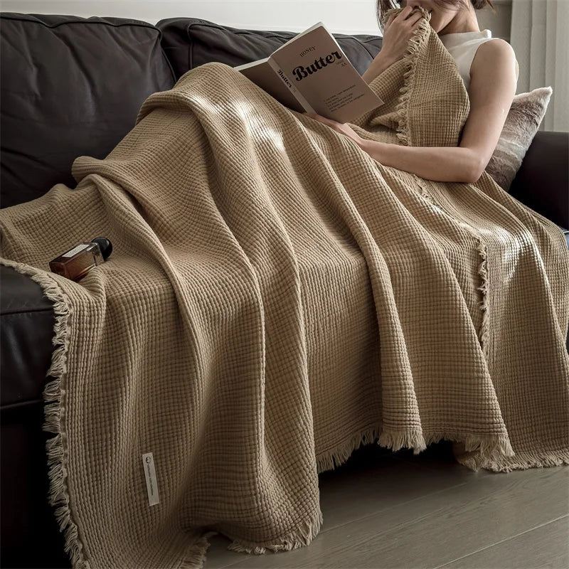 Plaid NAYA Rose – 100 % Coton 4 Épaisseurs à Franges