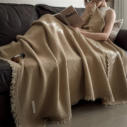 Plaid NAYA Rose – 100 % Coton 4 Épaisseurs à Franges