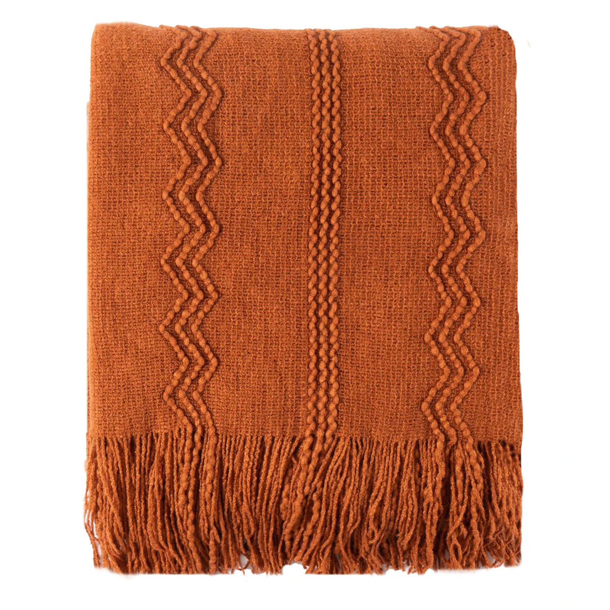 Plaid VELEN Terracotta – Tricoté à Motifs en Relief & Franges