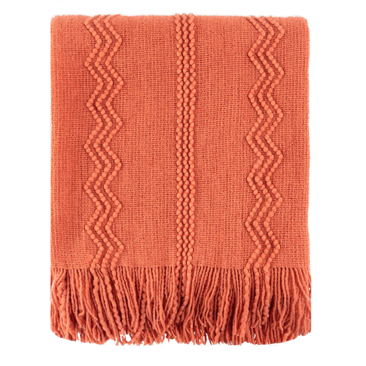 Plaid VELEN Orange – Tricoté à Motifs en Relief & Franges