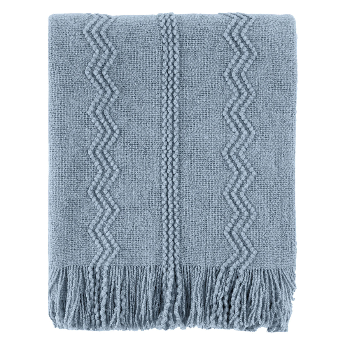 Plaid VELEN Bleu – Tricoté à Motifs en Relief & Franges