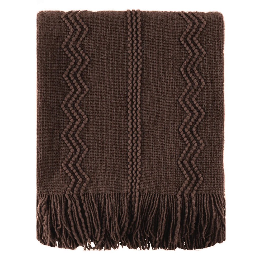 Plaid VELEN Marron – Tricoté à Motifs en Relief & Franges