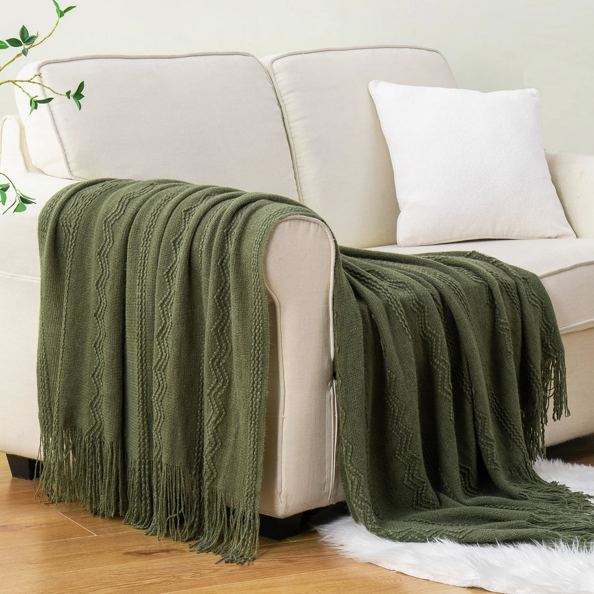 Plaid VELEN Vert – Tricoté à Motifs en Relief & Franges