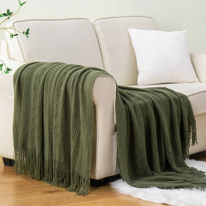 Plaid VELEN Vert – Tricoté à Motifs en Relief & Franges