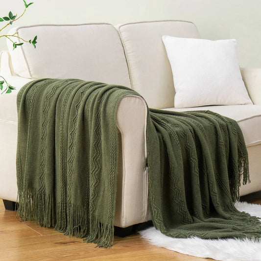 Plaid VELEN Vert – Tricoté à Motifs en Relief & Franges