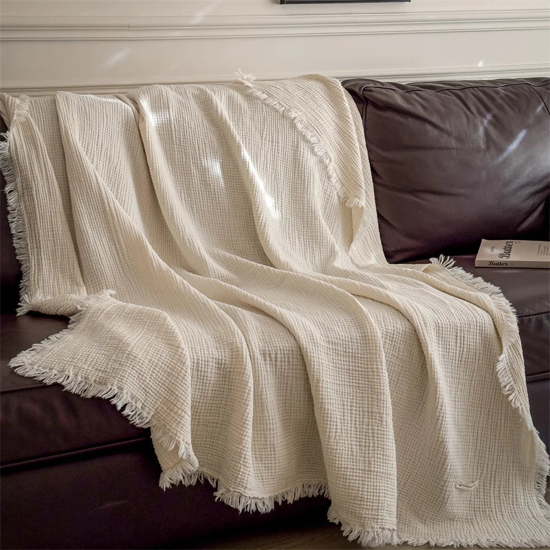Plaid NAYA Rose – 100 % Coton 4 Épaisseurs à Franges