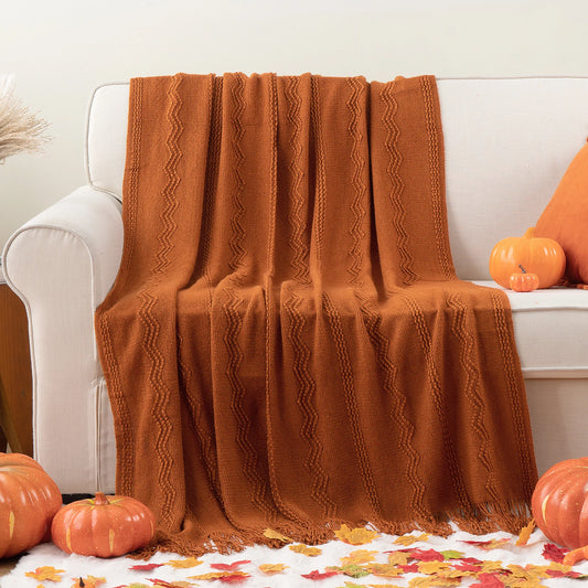 Plaid VELEN Terracotta – Tricoté à Motifs en Relief & Franges