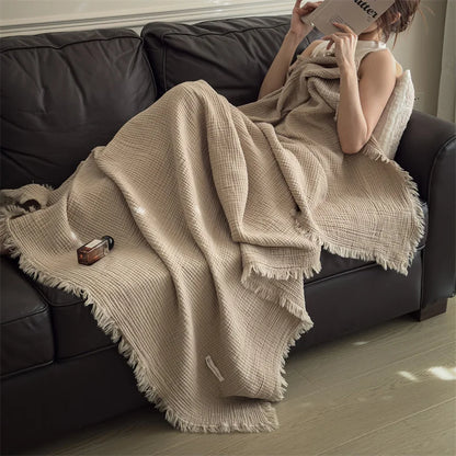 Plaid NAYA Bleu – 100 % Coton 4 Épaisseurs à Franges