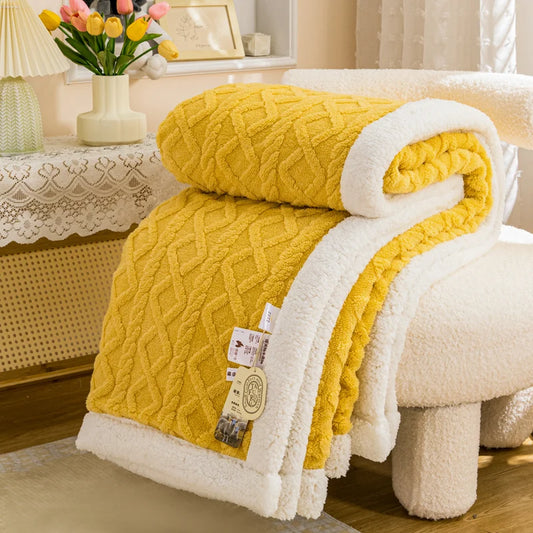 Plaid OSLO Jaune – Polaire Sherpa à Motifs Géométriques