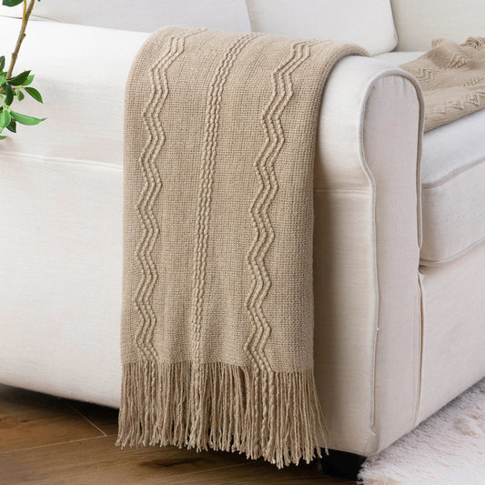 Plaid VELEN Beige – Tricoté à Motifs en Relief & Franges