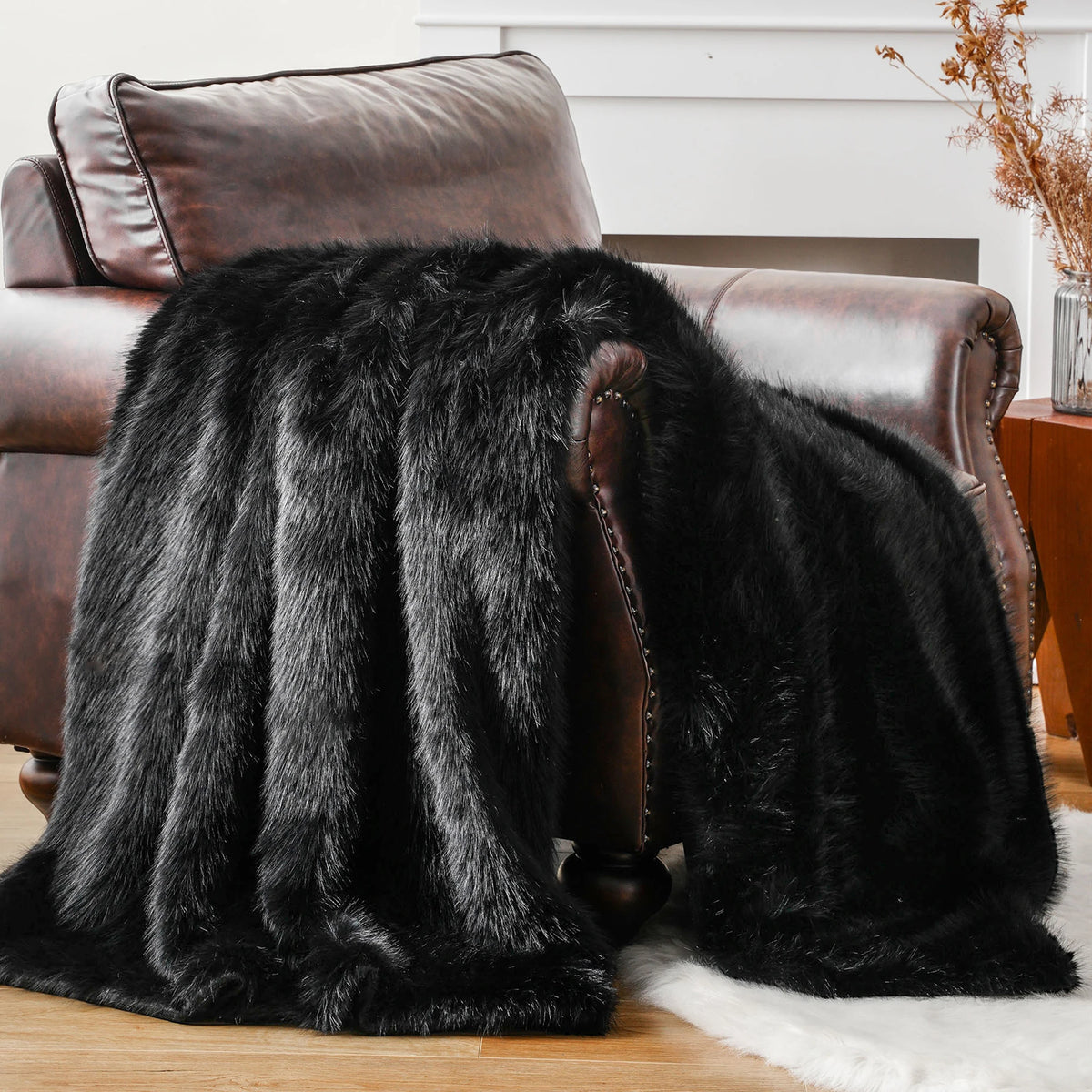 Plaid ALBA Noir – Fausse Fourrure Douce à Poils Longs