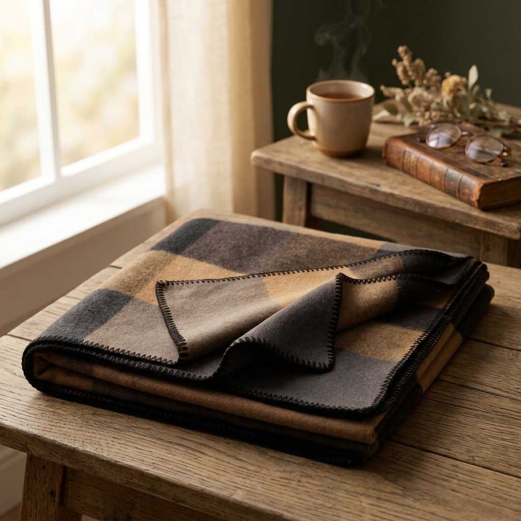 Plaid NOAH – 100 % Laine à Rayures Camel & Marron