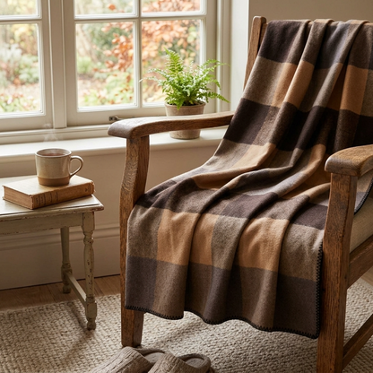 Plaid NOAH – 100 % Laine à Rayures Camel & Marron