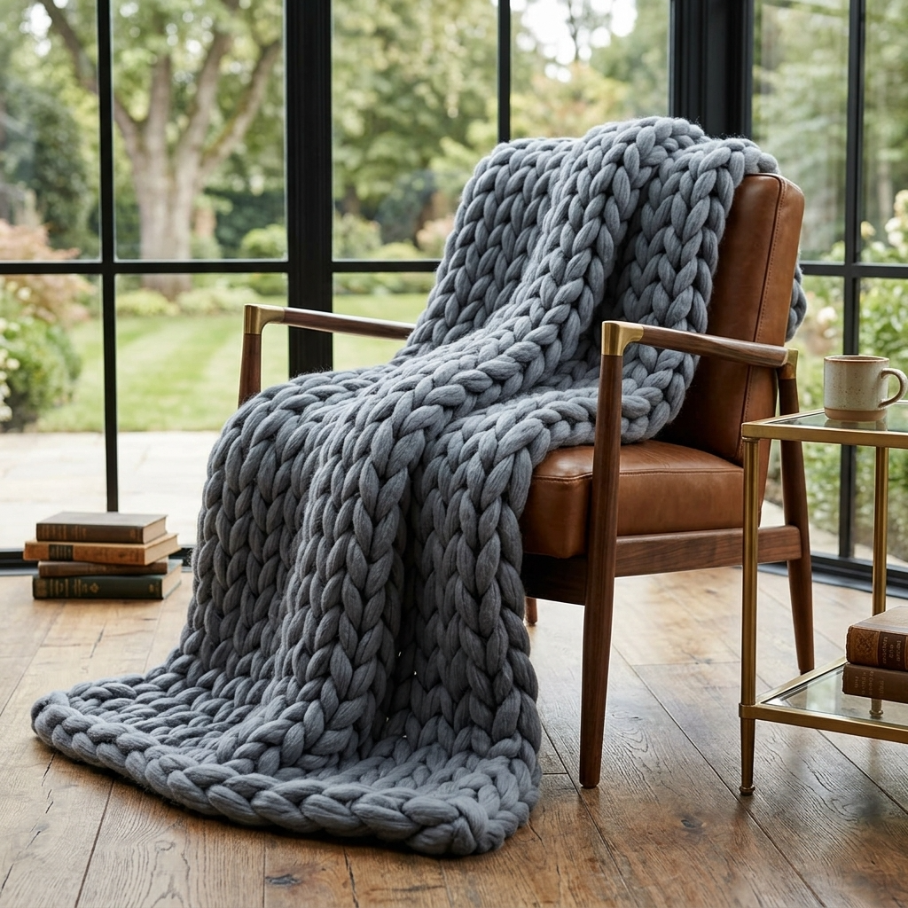 Plaid SOVEN Bleu – 100 % Coton à Grosse Maille