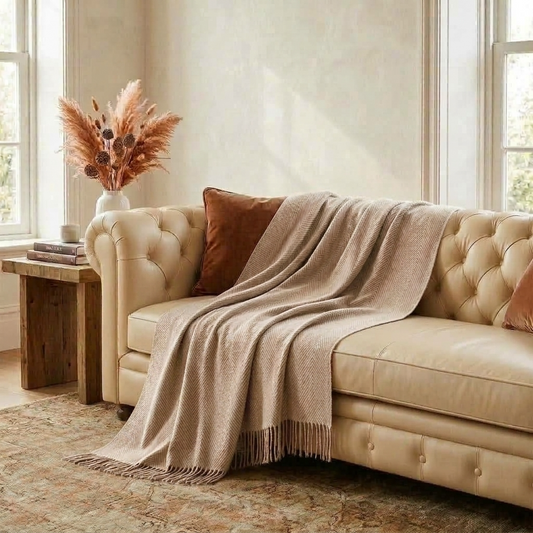 Plaid LIV Beige – 100 % Laine Unie à Franges