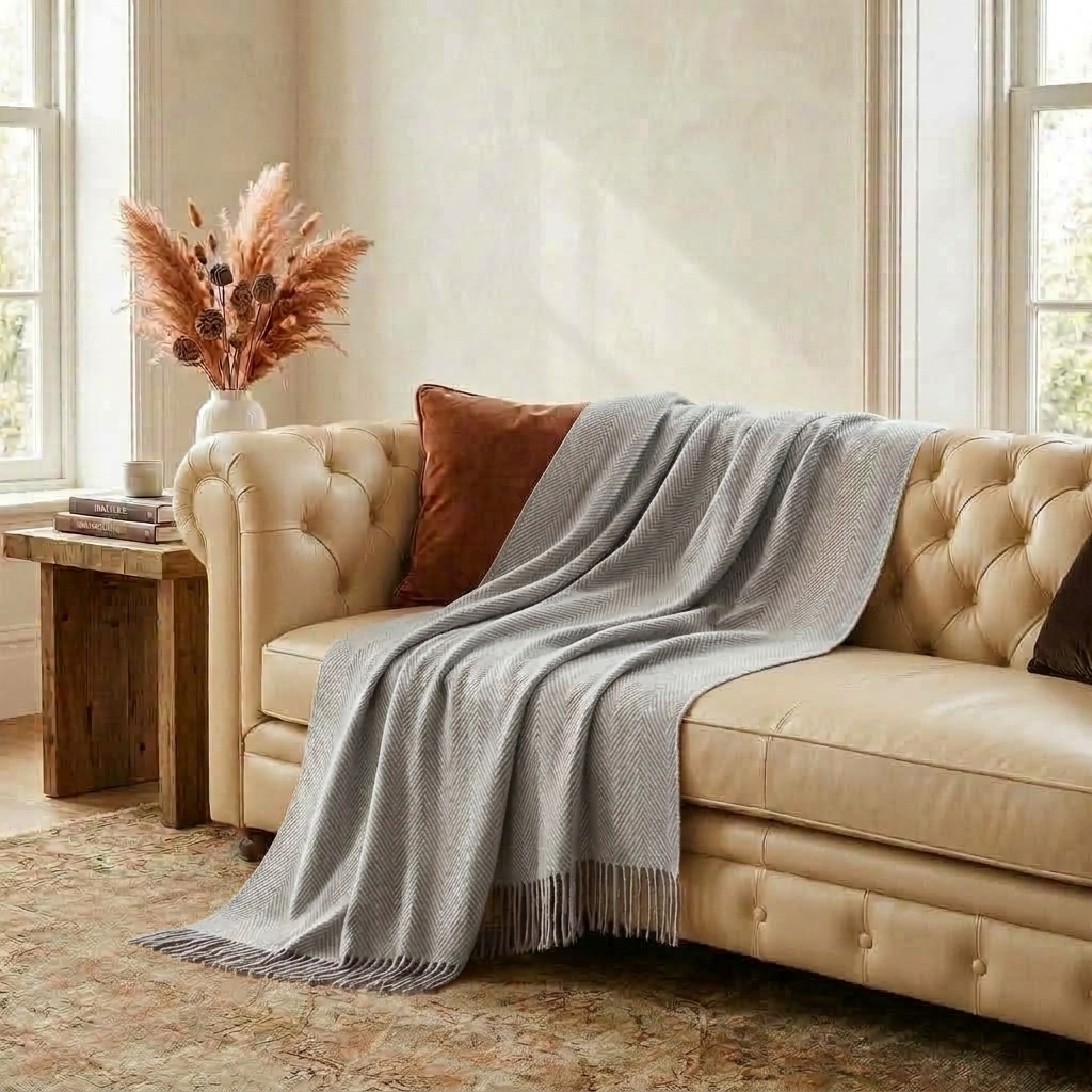 Plaid LIV Gris – 100 % Laine Unie à Franges