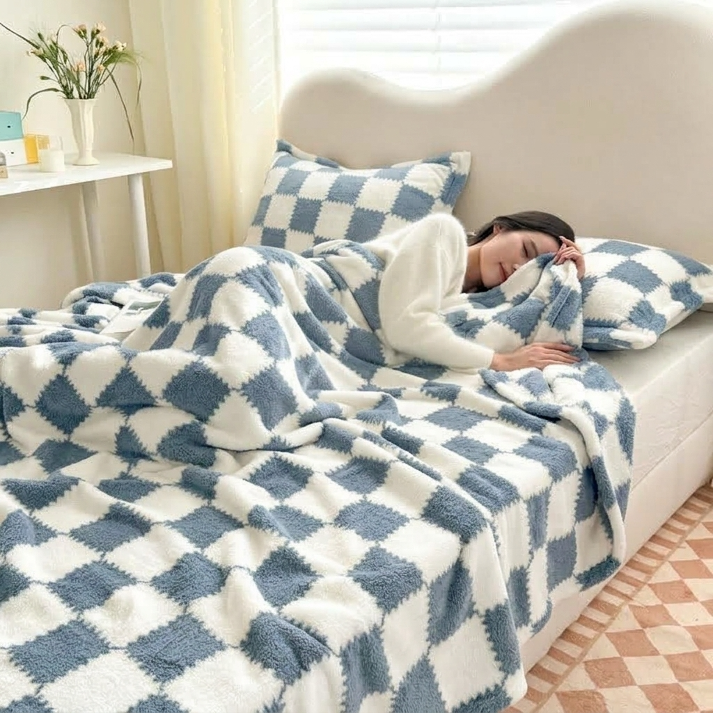 Plaid AVA Bleu – Polaire Douce à Carreaux