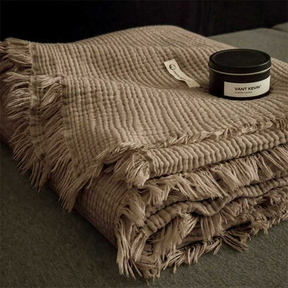 Plaid NAYA Café – 100 % Coton 4 Épaisseurs à Franges
