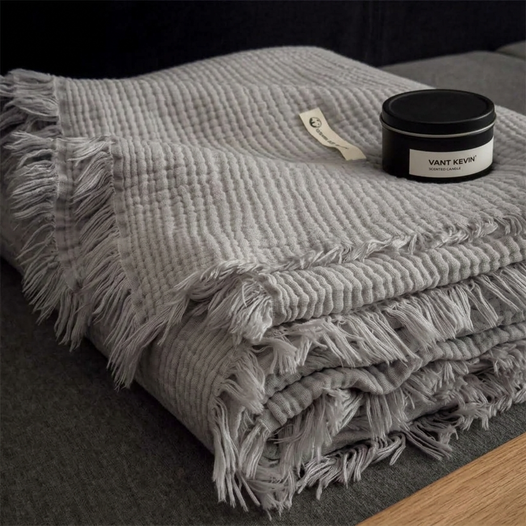 Plaid NAYA Gris – 100 % Coton 4 Épaisseurs à Franges