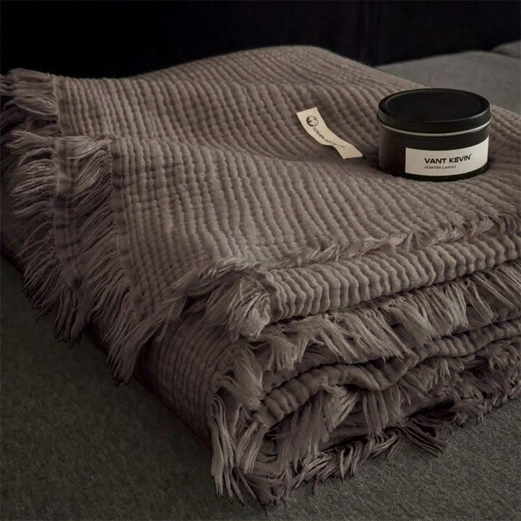 Plaid NAYA Cacao – 100 % Coton 4 Épaisseurs à Franges