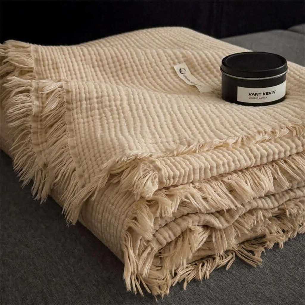 Plaid NAYA Taupe – 100 % Coton 4 Épaisseurs à Franges