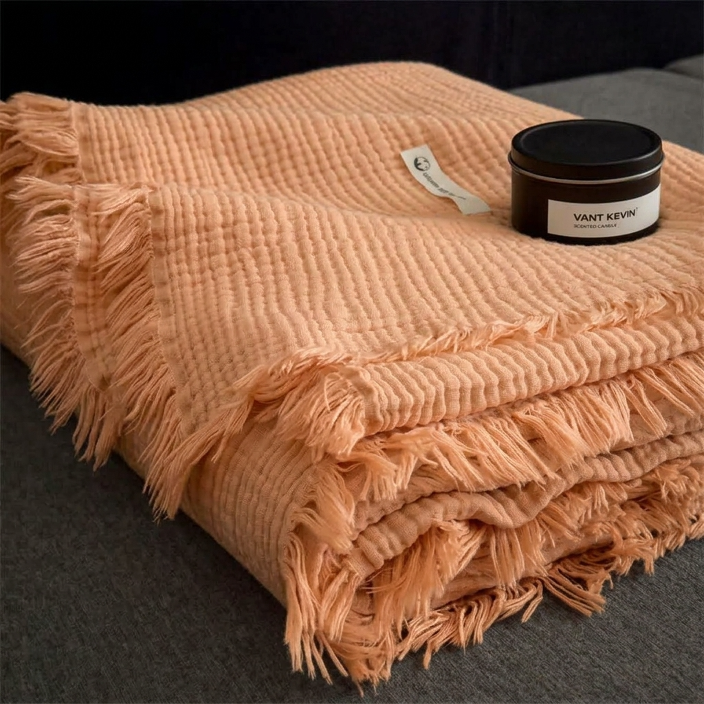 Plaid NAYA Orange – 100 % Coton 4 Épaisseurs à Franges