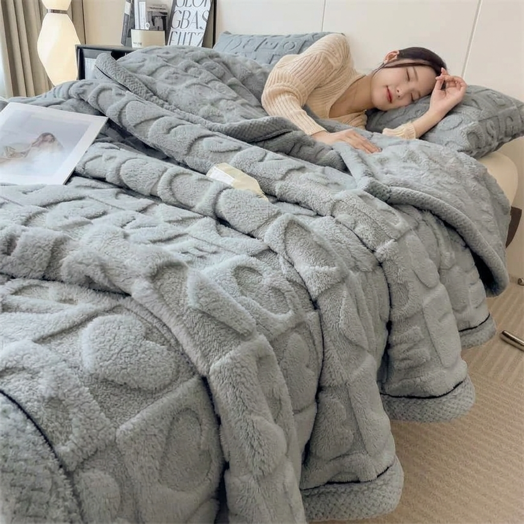 Plaid MILA Gris – Polaire Douce à Motifs Cœur en Relief