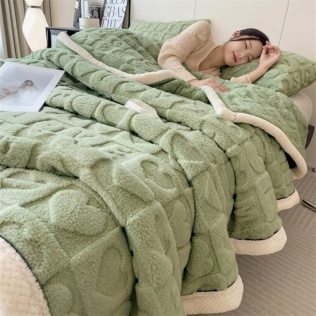 Plaid MILA Vert – Polaire Douce à Motifs Cœur en Relief