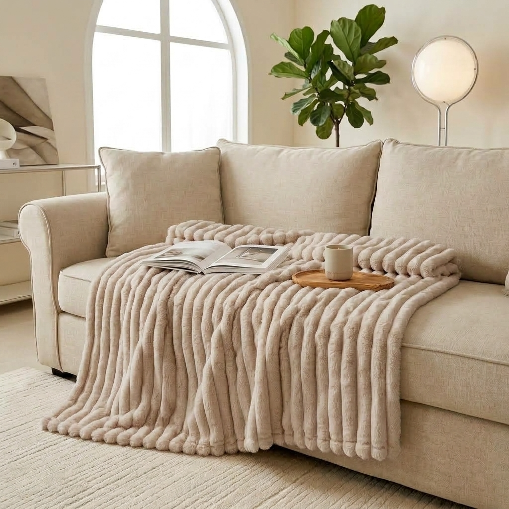 Plaid LOVA Taupe – Fausse Fourrure Côtelée Douce et Épaisse