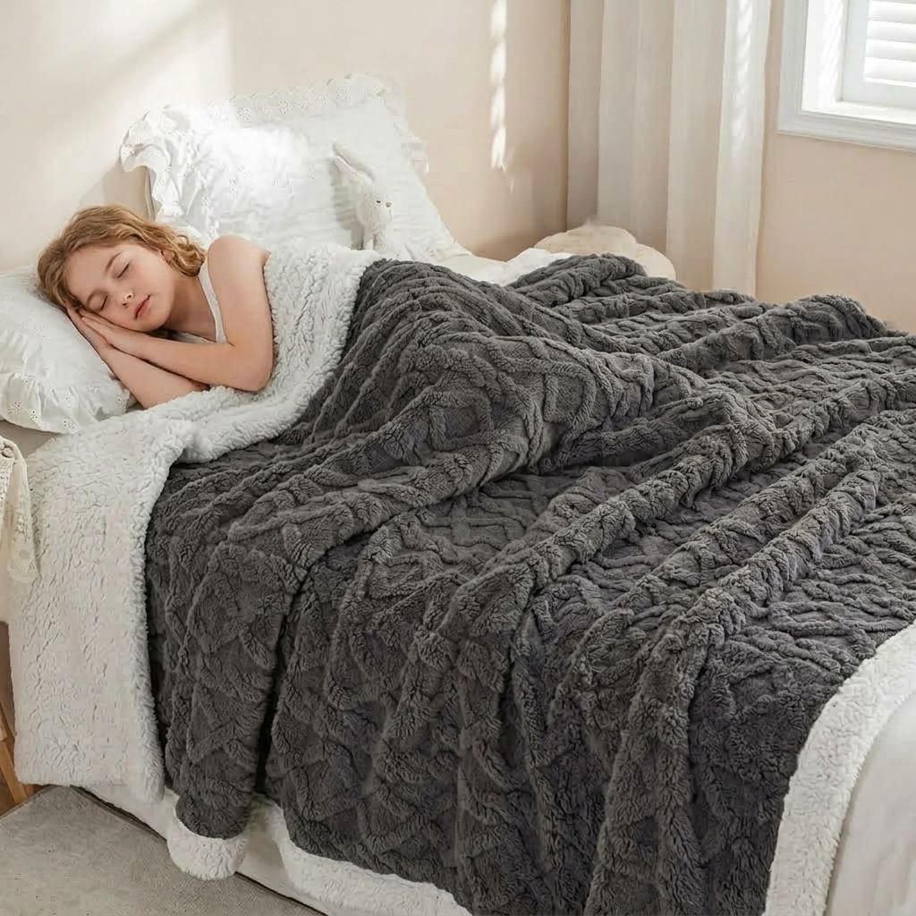 Plaid OSLO Gris – Polaire Sherpa à Motifs Géométriques