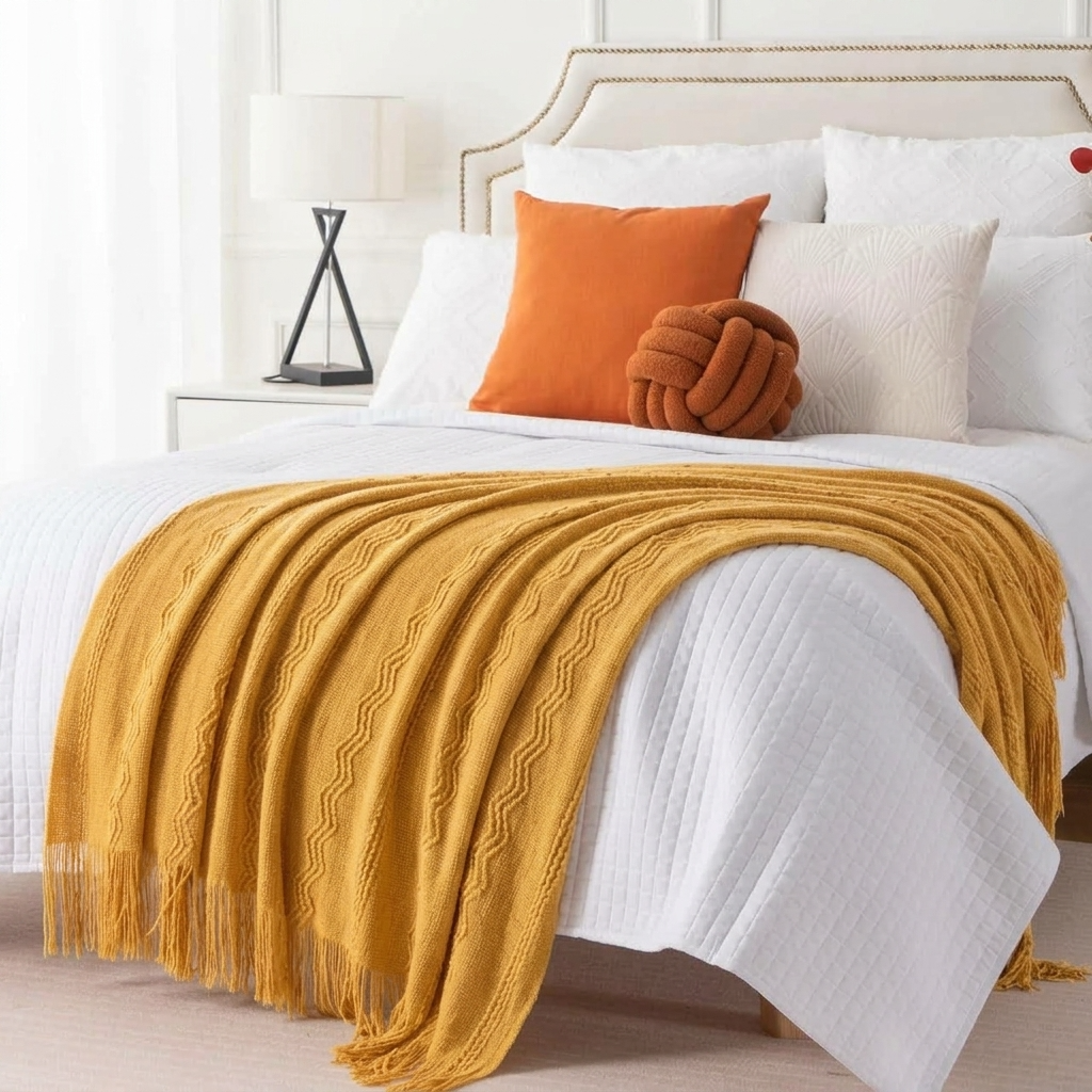 Plaid VELEN Jaune – Tricoté à Motifs en Relief & Franges