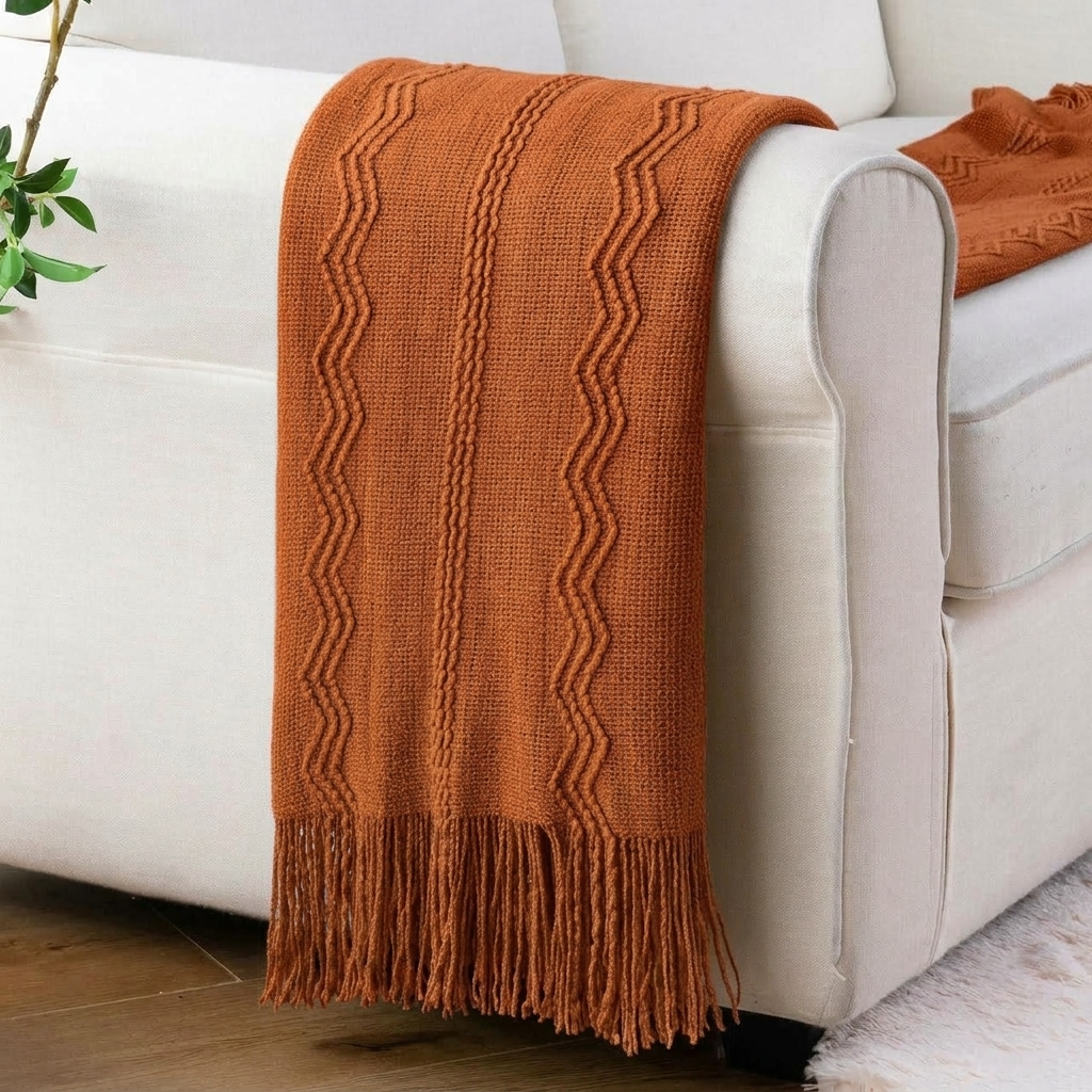 Plaid VELEN Terracotta – Tricoté à Motifs en Relief & Franges