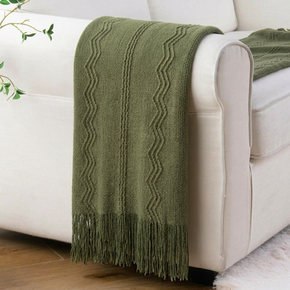 Plaid VELEN Vert – Tricoté à Motifs en Relief & Franges