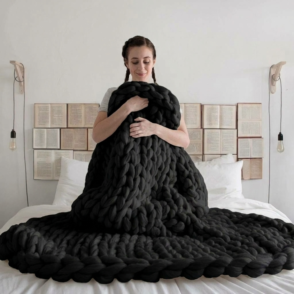 Plaid SOVEN Noir – 100 % Coton à Grosse Maille